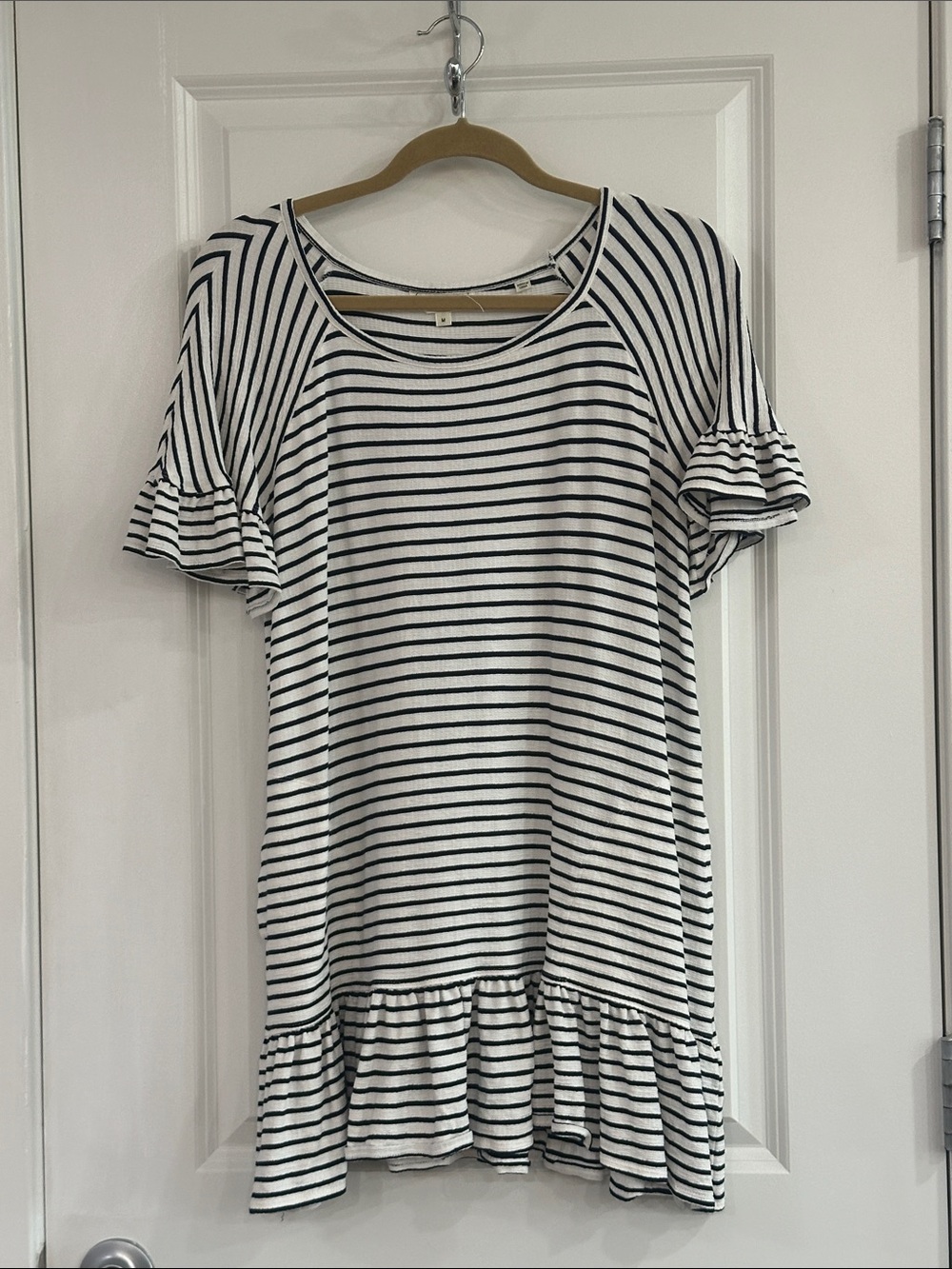 Max Studio Black and White Striped Ruffle Sleeve Tunic